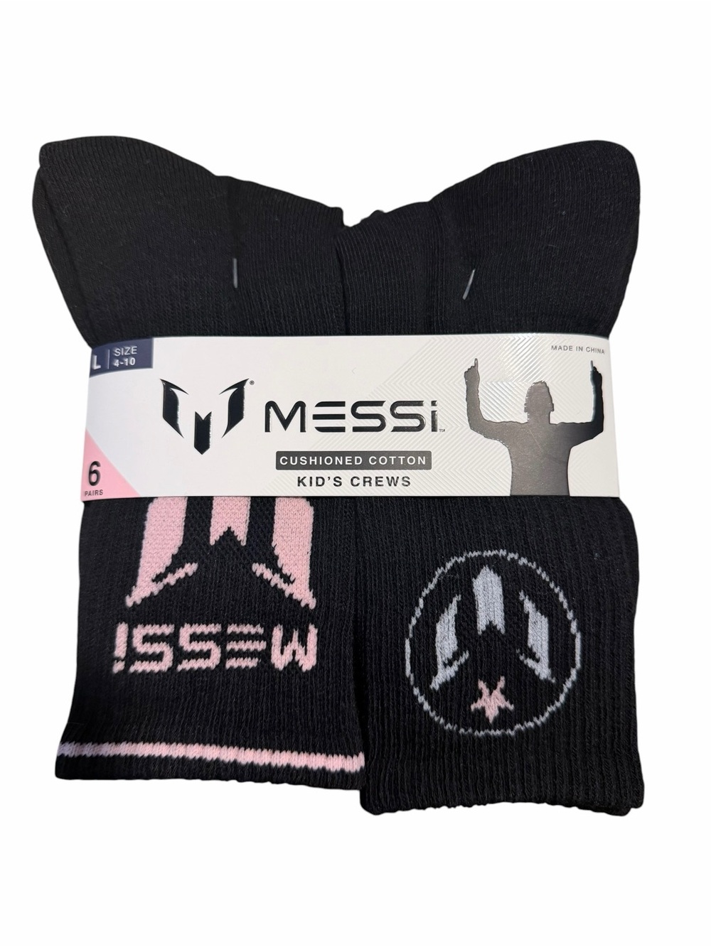 MESSI Kids' Crew Socks – Black with Pink Accents